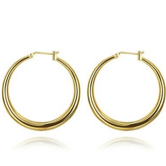 18K Gold Plated Round French Lock Hoop Earrings - Picture 2 of 3